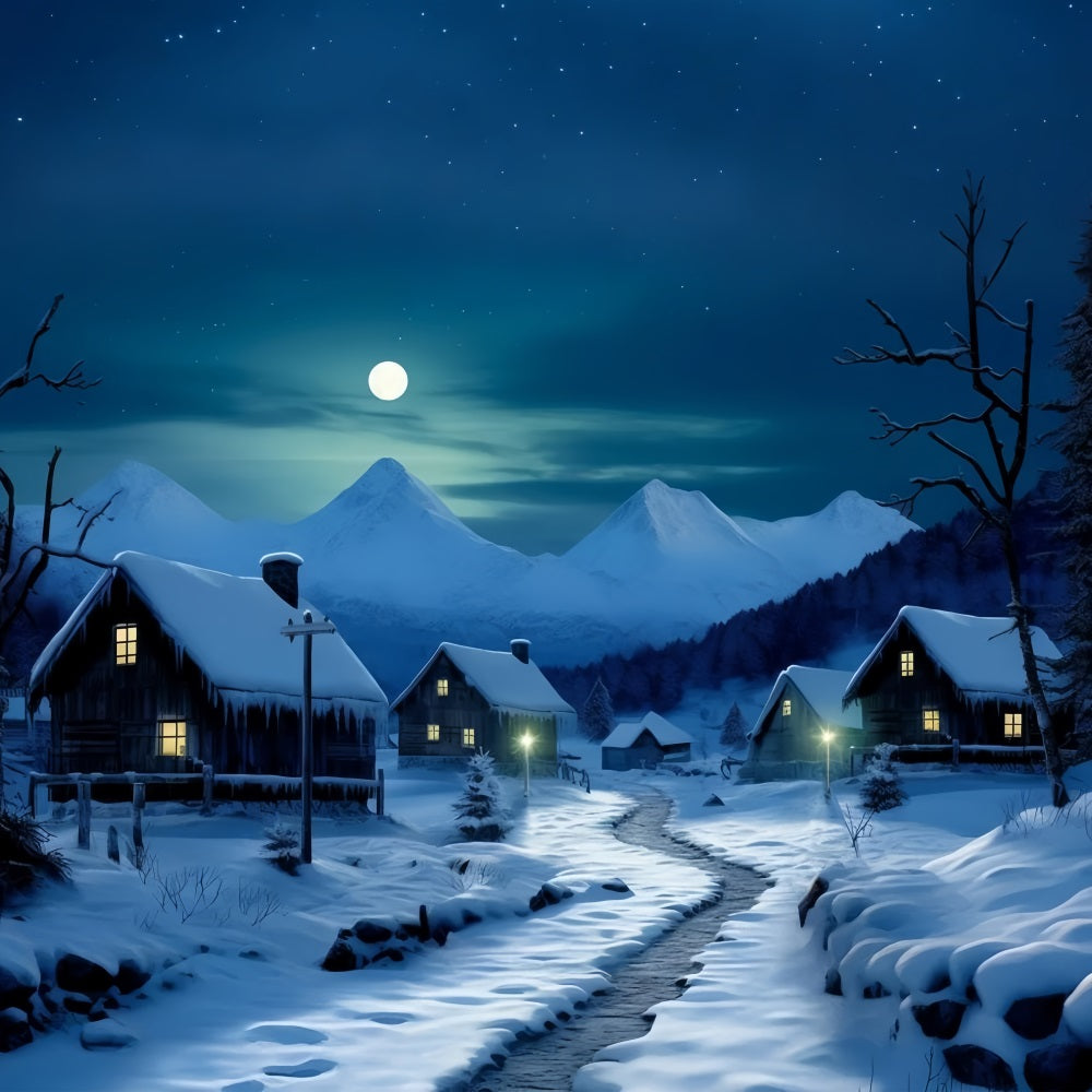 Winter Moonlit Road Cozy Snowy Cottages Hintergrund BRP10-39