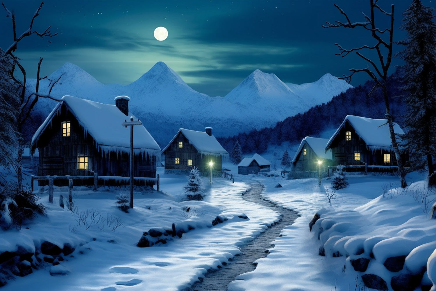 Winter Moonlit Road Cozy Snowy Cottages Hintergrund BRP10-39