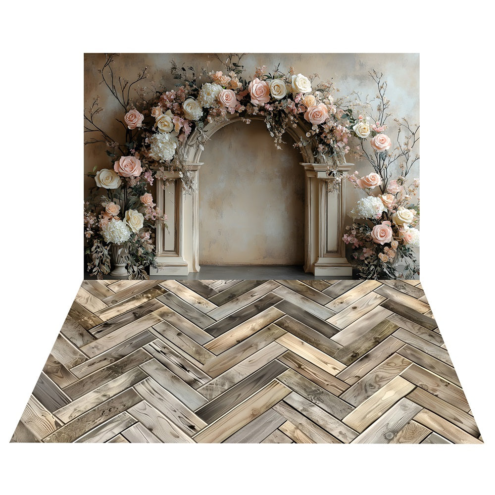 Boho French Archway Rosen Hintergrund+Holzbodenhintergrund mit Fischgrätenmuster BRP10-501