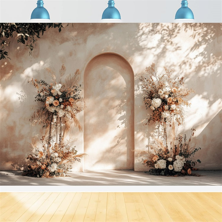 Warmer beigefarbener Blumenbogen Boho-Hintergrund BRP10-61