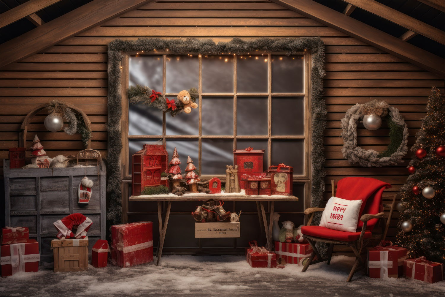 Weihnachtsfenster Hintergrund Geschenke Weihnachtsmannwerkstatt Hintergrund BRP10-615