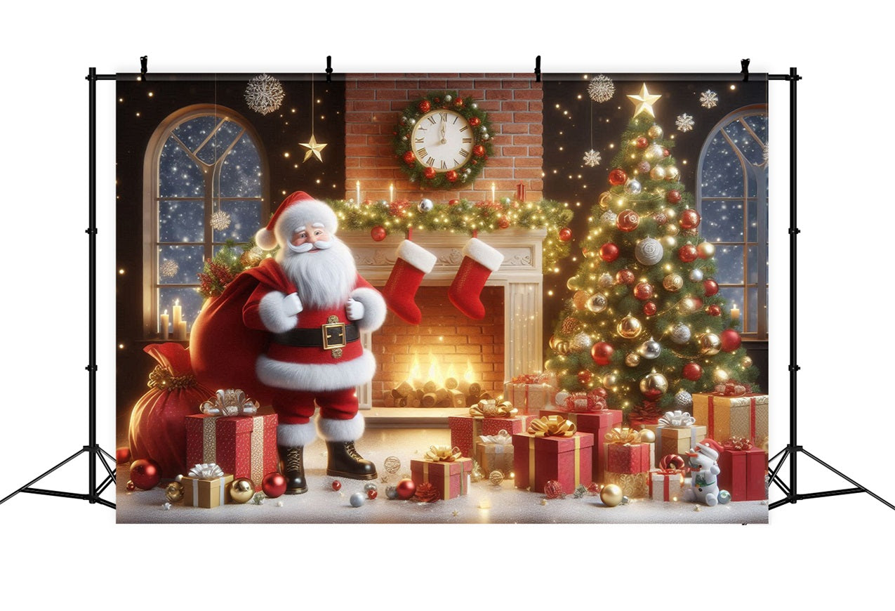 Weihnachtskamin-Hintergrund Weihnachtsmann Geschenk Sack Feiertag Hintergrund BRP11-112