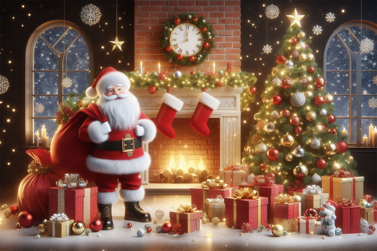 Weihnachtskamin-Hintergrund Weihnachtsmann Geschenk Sack Feiertag Hintergrund BRP11-112