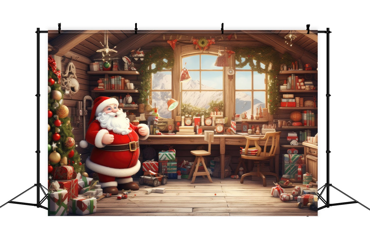 Weihnachten Fenster Weihnachtsmann Werkstatt Geschenke Hintergrund BRP11-117