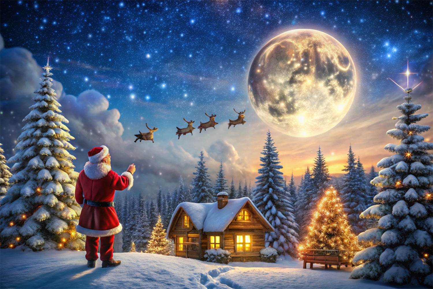 Weihnachts-Stoffhintergrund Moonlit Cabin Santa Magic Hintergrund BRP11-122