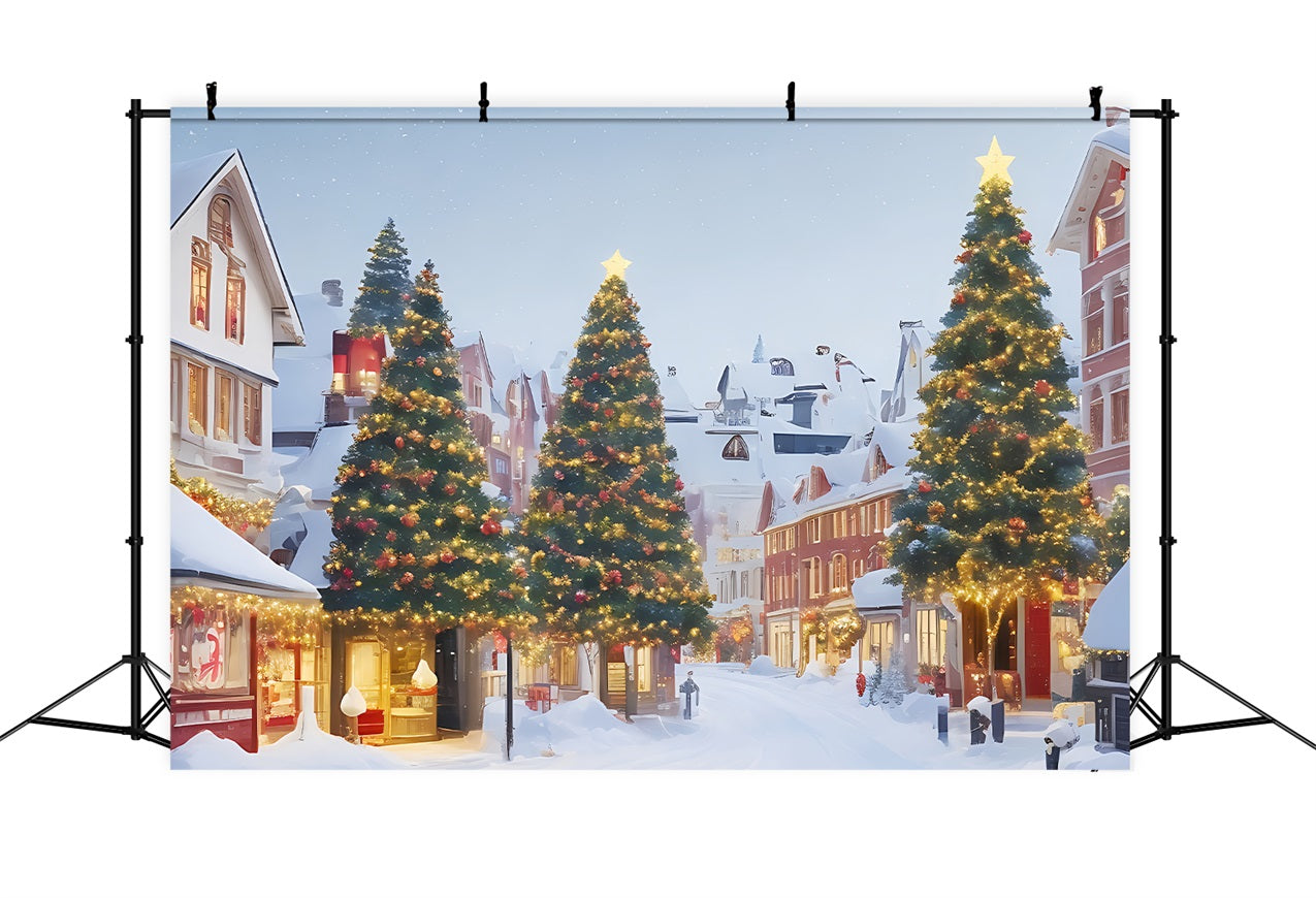 Weihnachtsdorf Backdrop Verschneite Szene Beleuchtete Bäume Backdrop BRP11-166