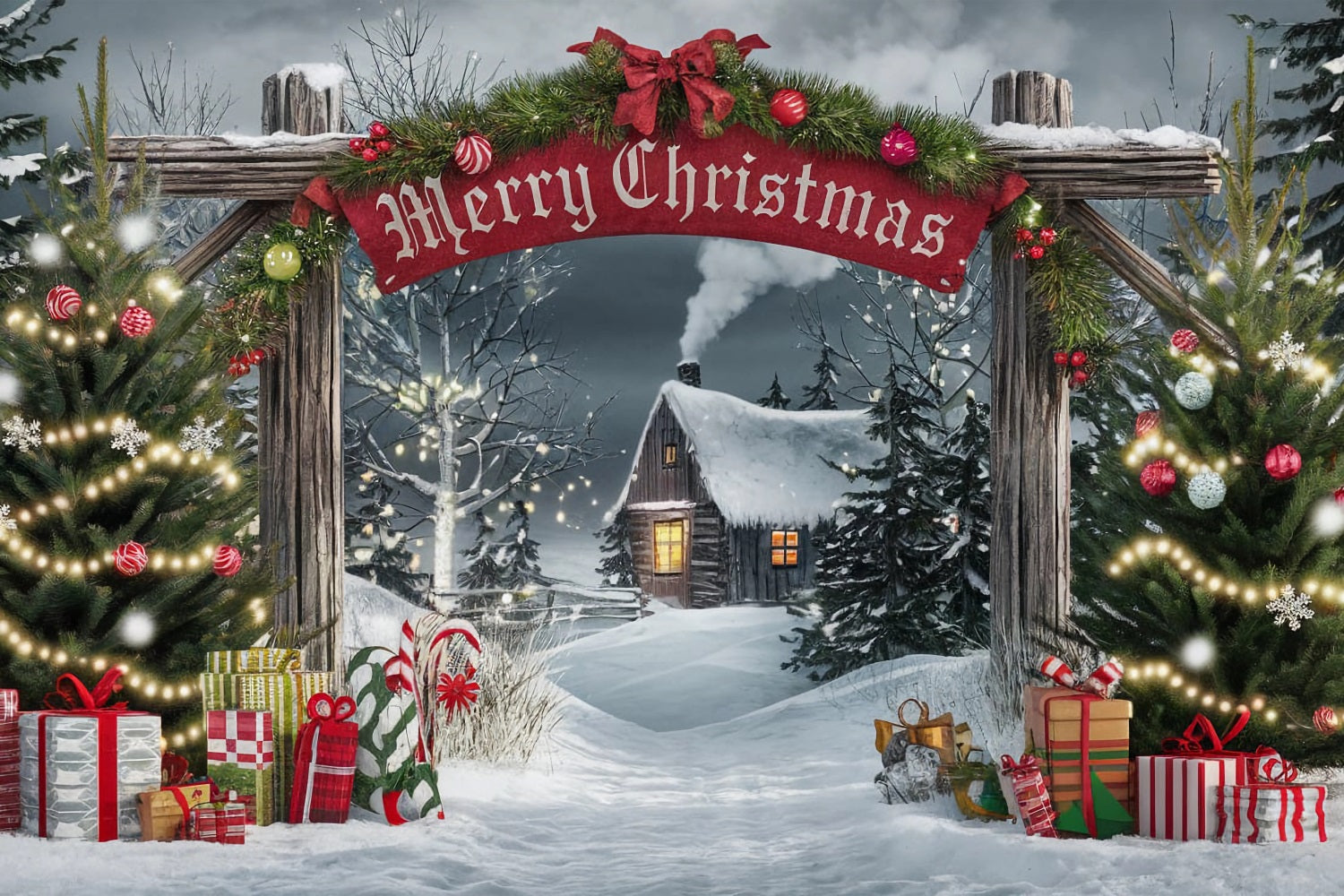 Fröhliche Weihnachten Backdrop Gateway Cabin Scene Backdrop BRP11-181