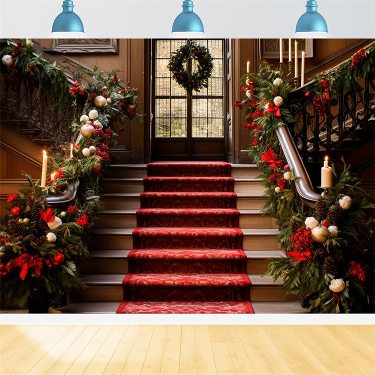 Elegante Weihnachten Backdrop Treppe Roter Teppich Girlande Backdrop BRP11-237