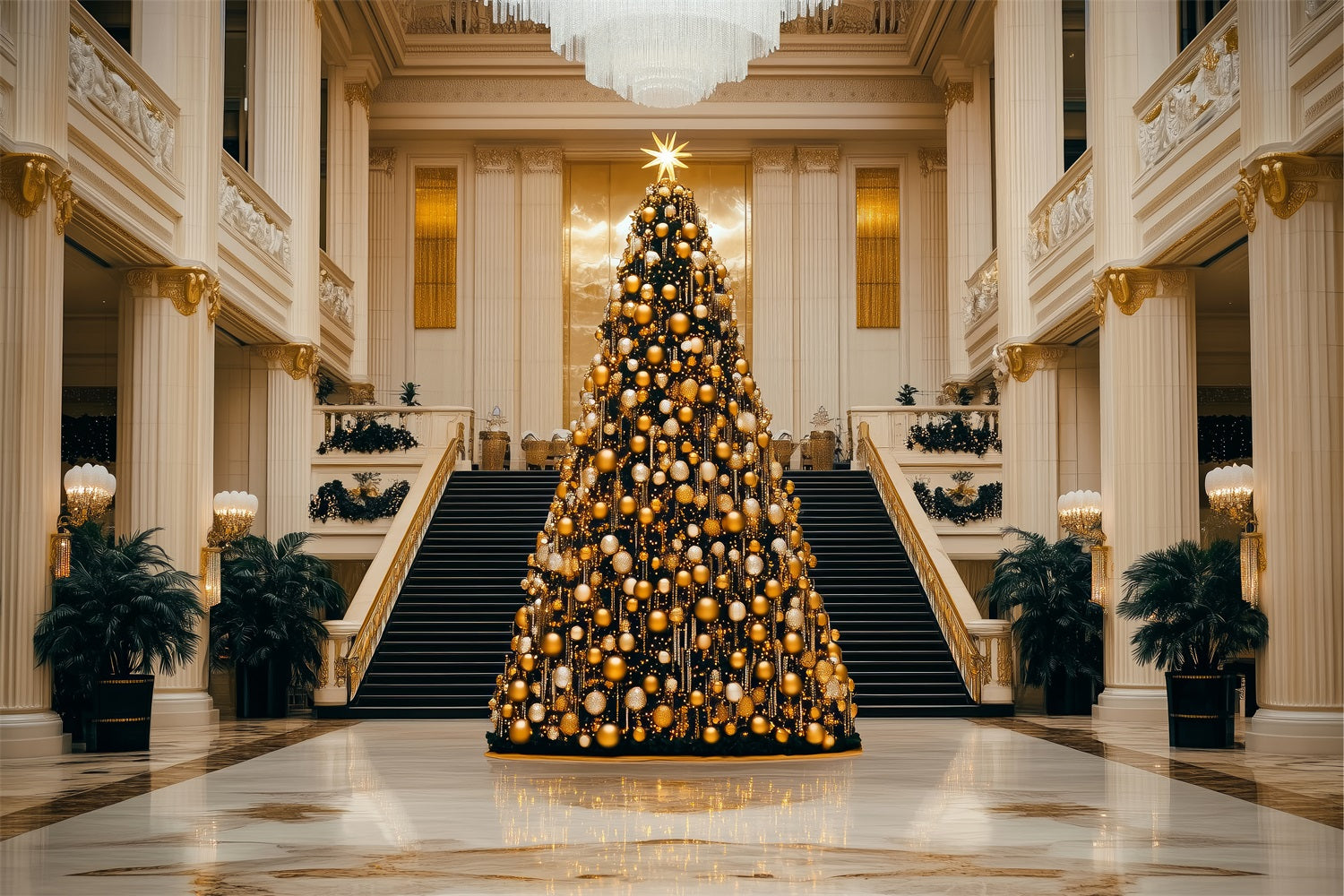 Fröhliche Weihnachten Backdrops Goldener Baum Grand Hall Backdrop BRP11-240