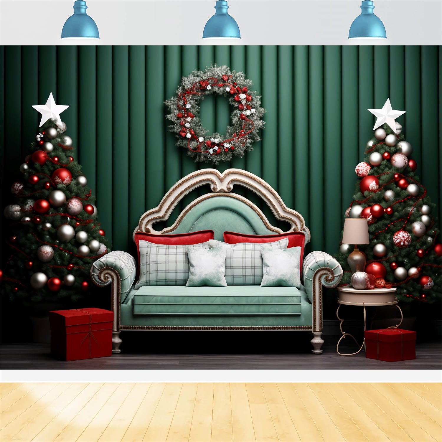 Weihnachten Backdrops Grüne Wand Kranz Sofa Backdrop BRP11-246