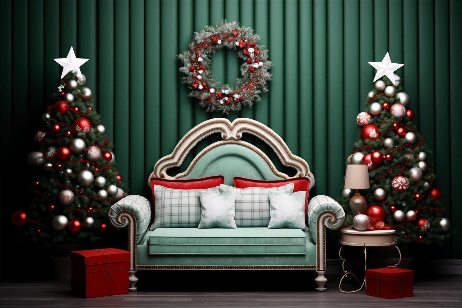 Weihnachten Backdrops Grüne Wand Kranz Sofa Backdrop BRP11-246