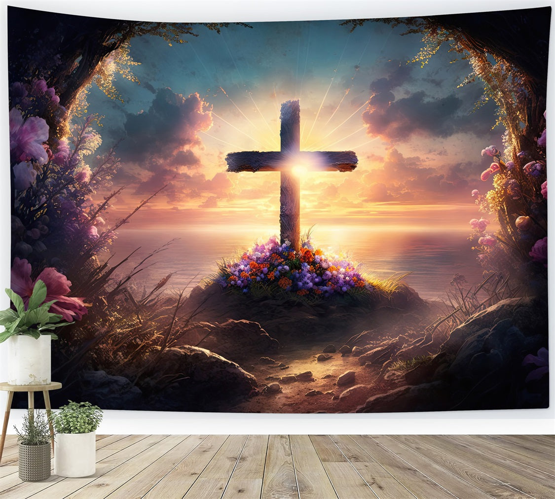 Fotografie Ostern Hintergrund Kreuz Floral Cliffside Sonnenuntergang Hintergrund BRP11-318