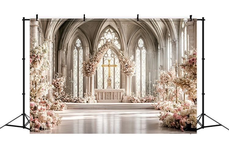 Fotokulissen für Ostern Kathedrale Kreuz Blumen Hintergrund BRP11-331