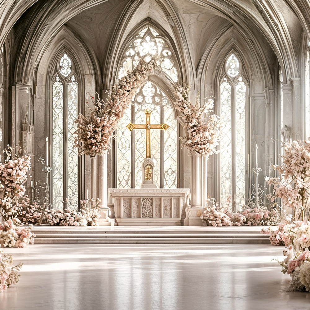 Fotokulissen für Ostern Kathedrale Kreuz Blumen Hintergrund BRP11-331