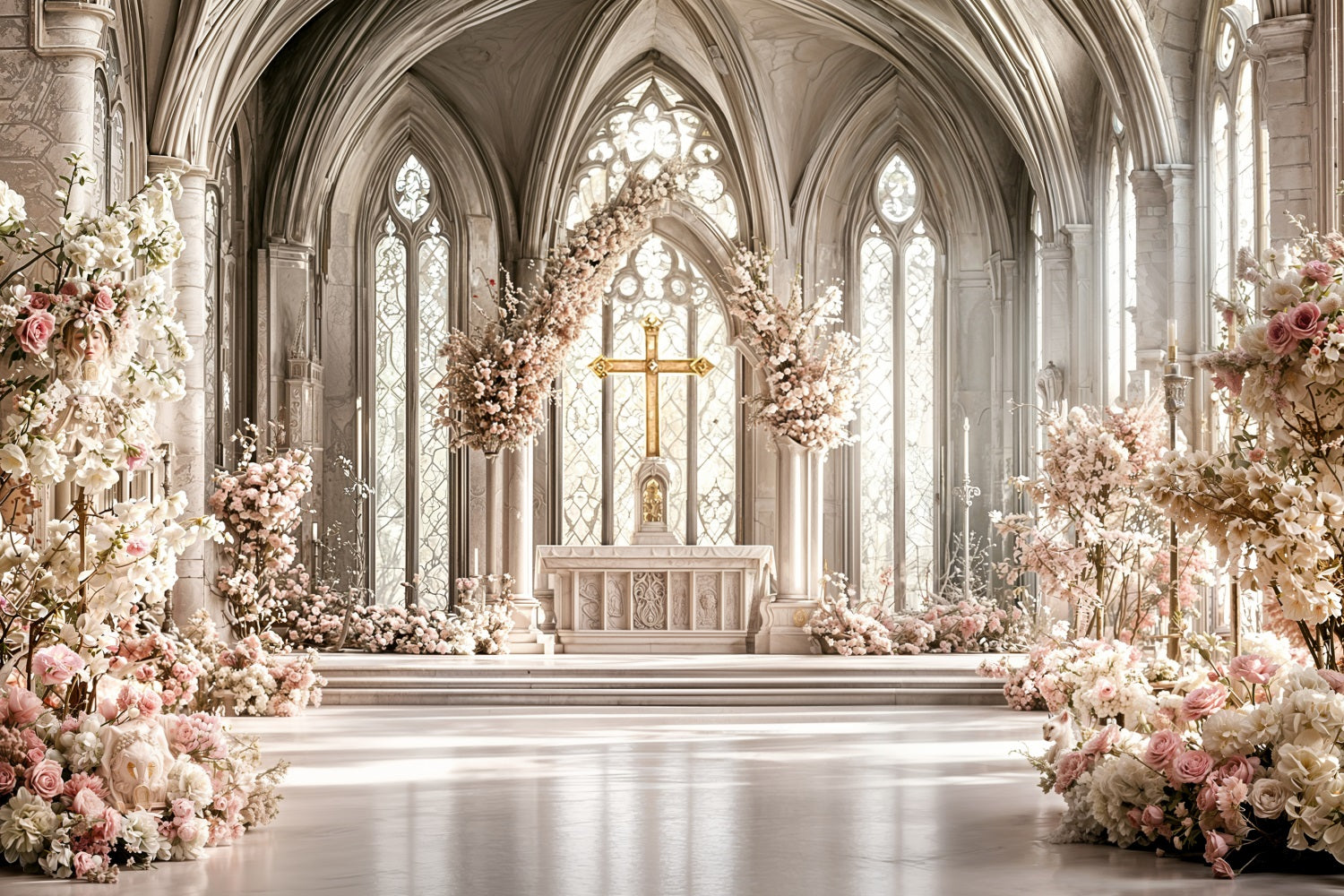 Fotokulissen für Ostern Kathedrale Kreuz Blumen Hintergrund BRP11-331