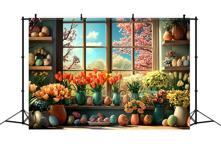 Ostern Blume Hintergrund Ei Fenster Dekor Hintergrund BRP11-348