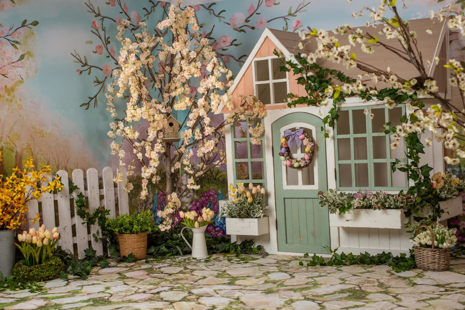 Hintergrund für Ostern Cottage Garden Blooming Trees Hintergrund BRP11-354