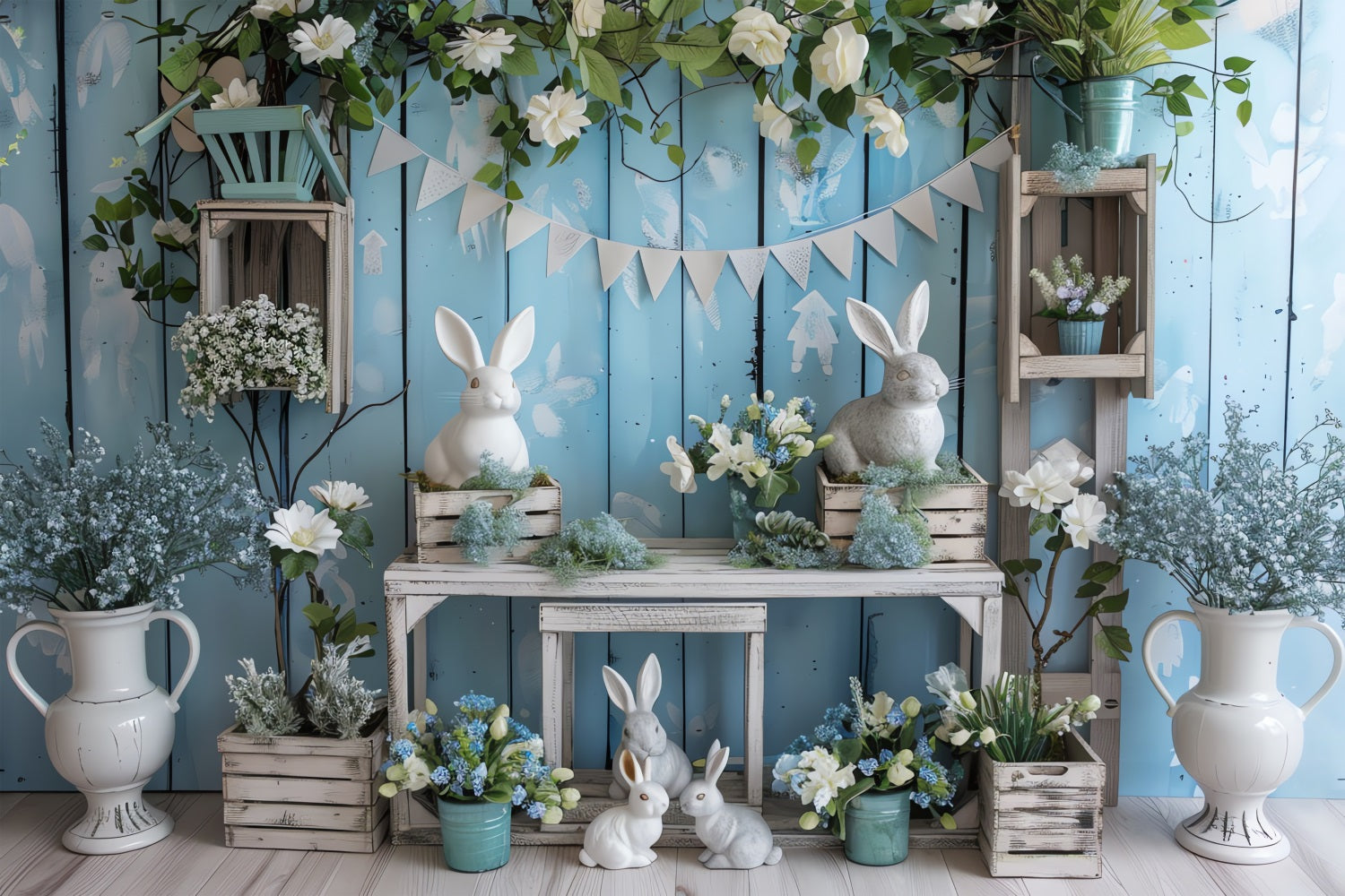 Ostern Bunny Hintergrund Blau Floral Table Hintergrund BRP11-355