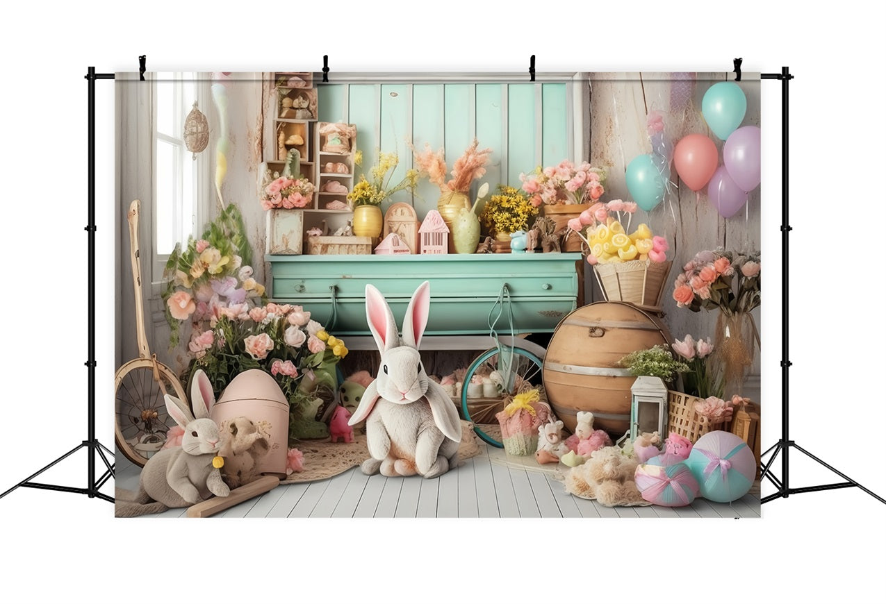 Hintergrund Ostern Rustikales Kaninchen Florales Regal Hintergrund BRP11-363