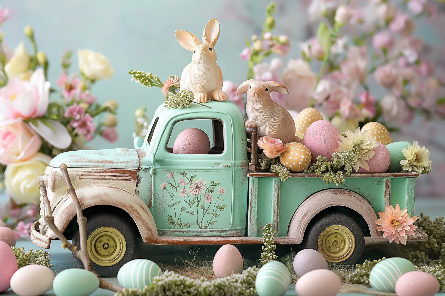 Ostern Bilder Hintergrund Bunny Truck Floral Eggs Hintergrund BRP11-366