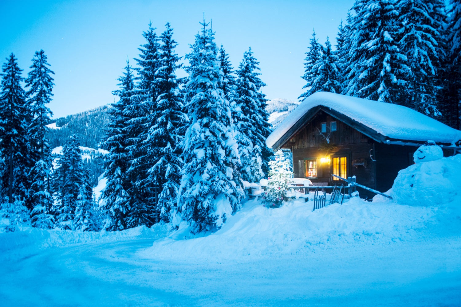 Winterszenen-Hintergrundkulisse Hütte Verschneiter Kiefernwald Hintergrund BRP11-494