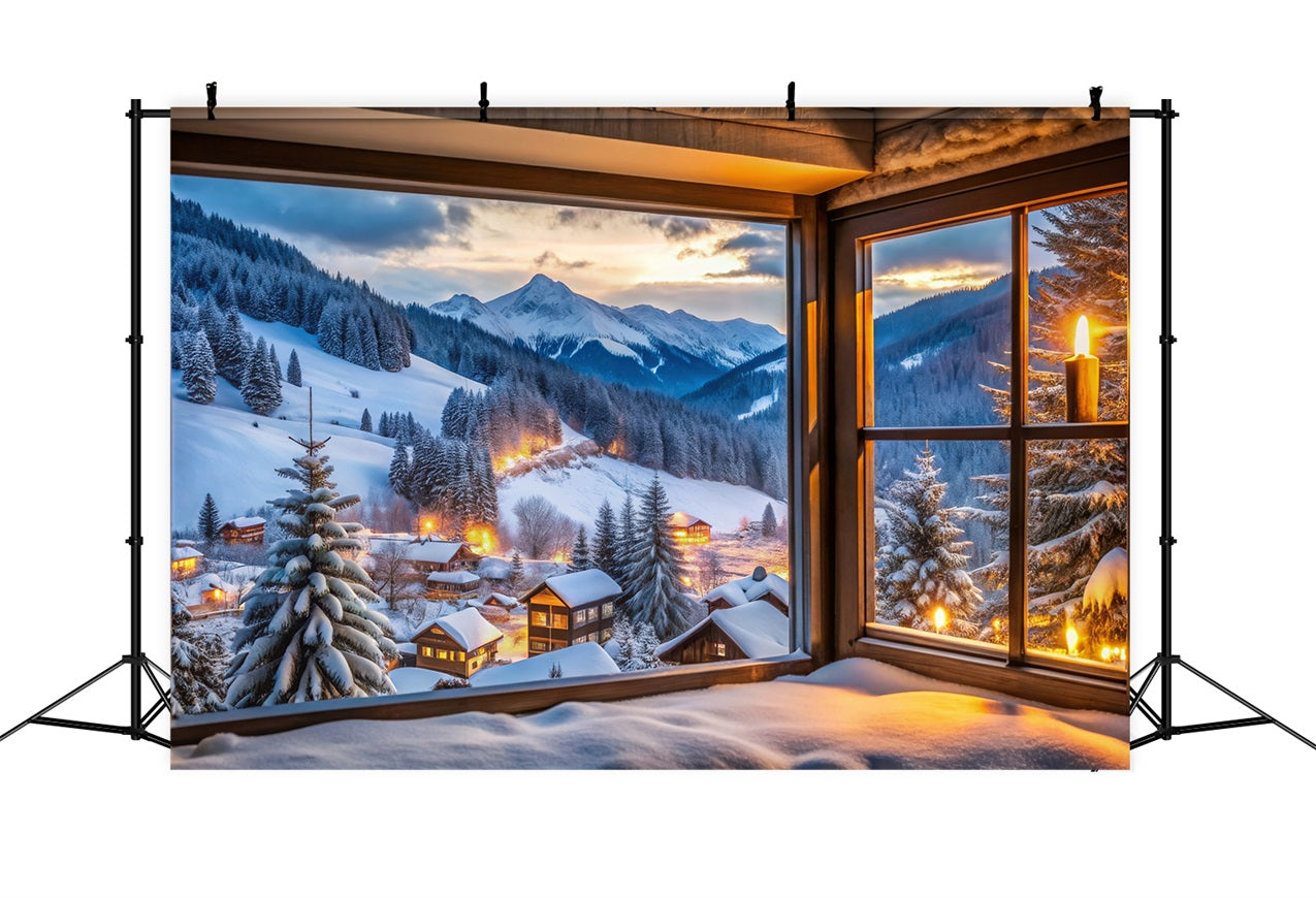 Winter Schnee Hintergrund Bergdorf durch Fenster Hintergrund BRP11-496