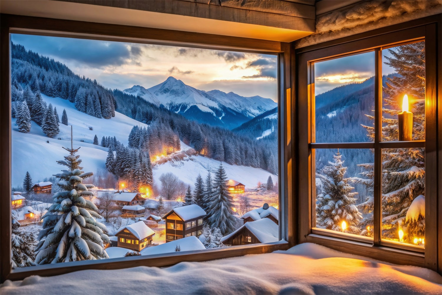 Winter Schnee Hintergrund Bergdorf durch Fenster Hintergrund BRP11-496