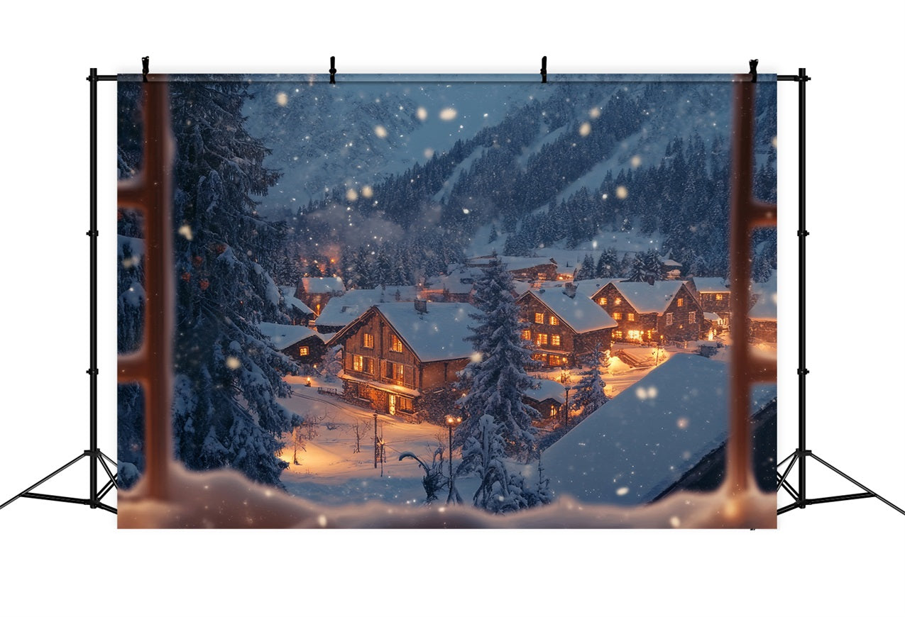 Winter Hintergrund Fotografie Glitzerndes Dorf durch Fenster Hintergrund BRP11-498