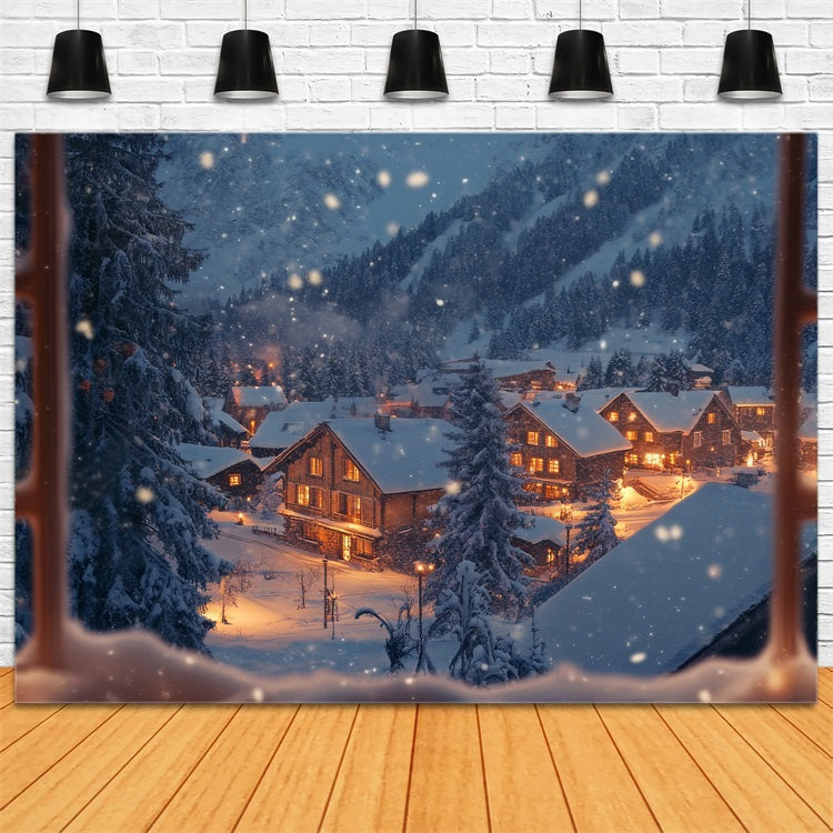 Winter Hintergrund Fotografie Glitzerndes Dorf durch Fenster Hintergrund BRP11-498