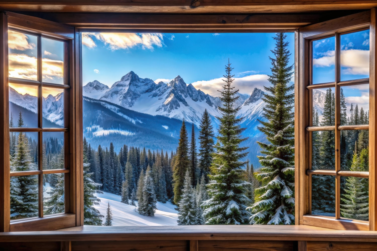 Winter Hintergrund Majestätisch Verschneite Berggipfel Fenster Hintergrund BRP11-499