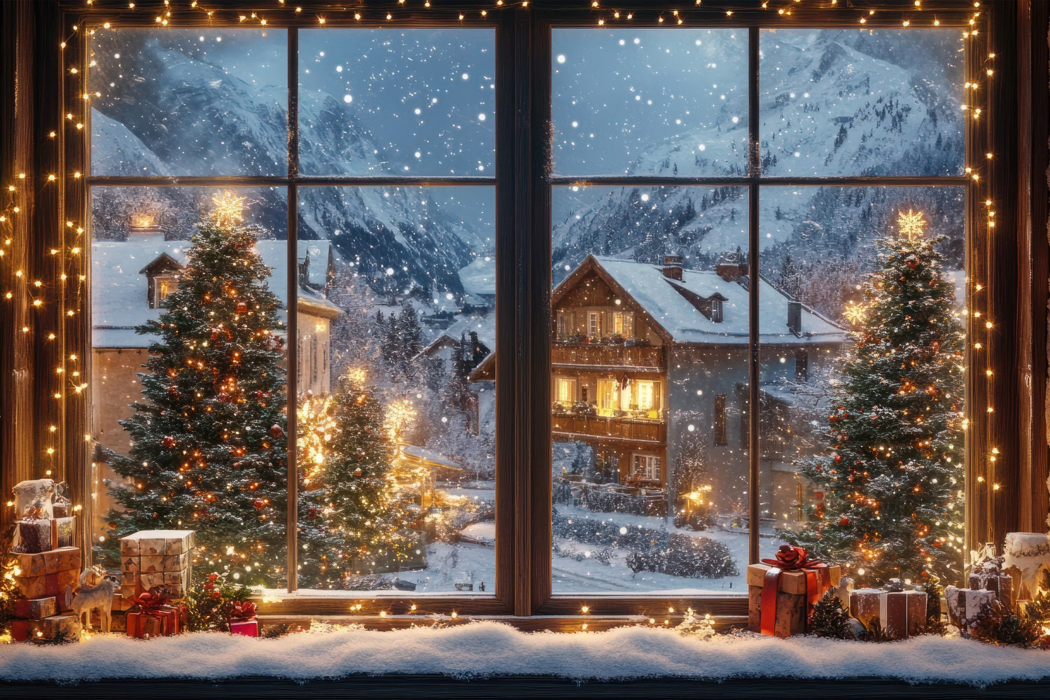 Winter Hintergrund Weihnachtsdorf Lichter durch Fenster Hintergrund BRP11-500