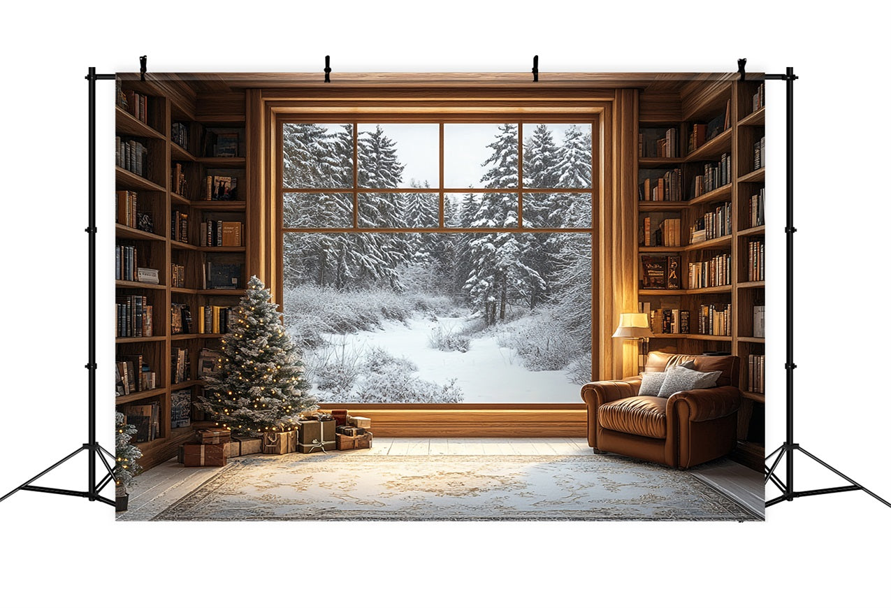 Fotohintergrund Winterbibliothek Fenster verschneiter Wald Hintergrund BRP11-502