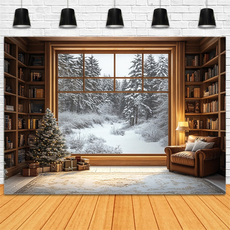 Fotohintergrund Winterbibliothek Fenster verschneiter Wald Hintergrund BRP11-502