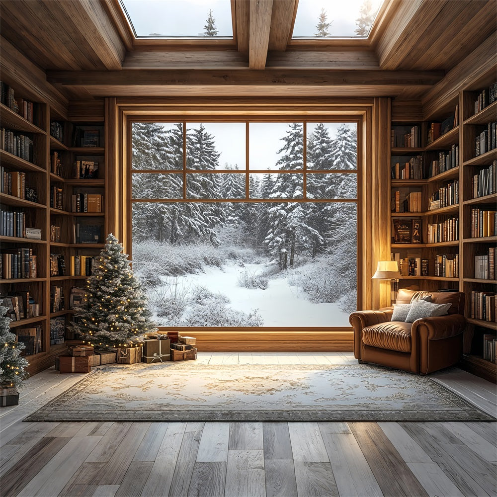 Fotohintergrund Winterbibliothek Fenster verschneiter Wald Hintergrund BRP11-502