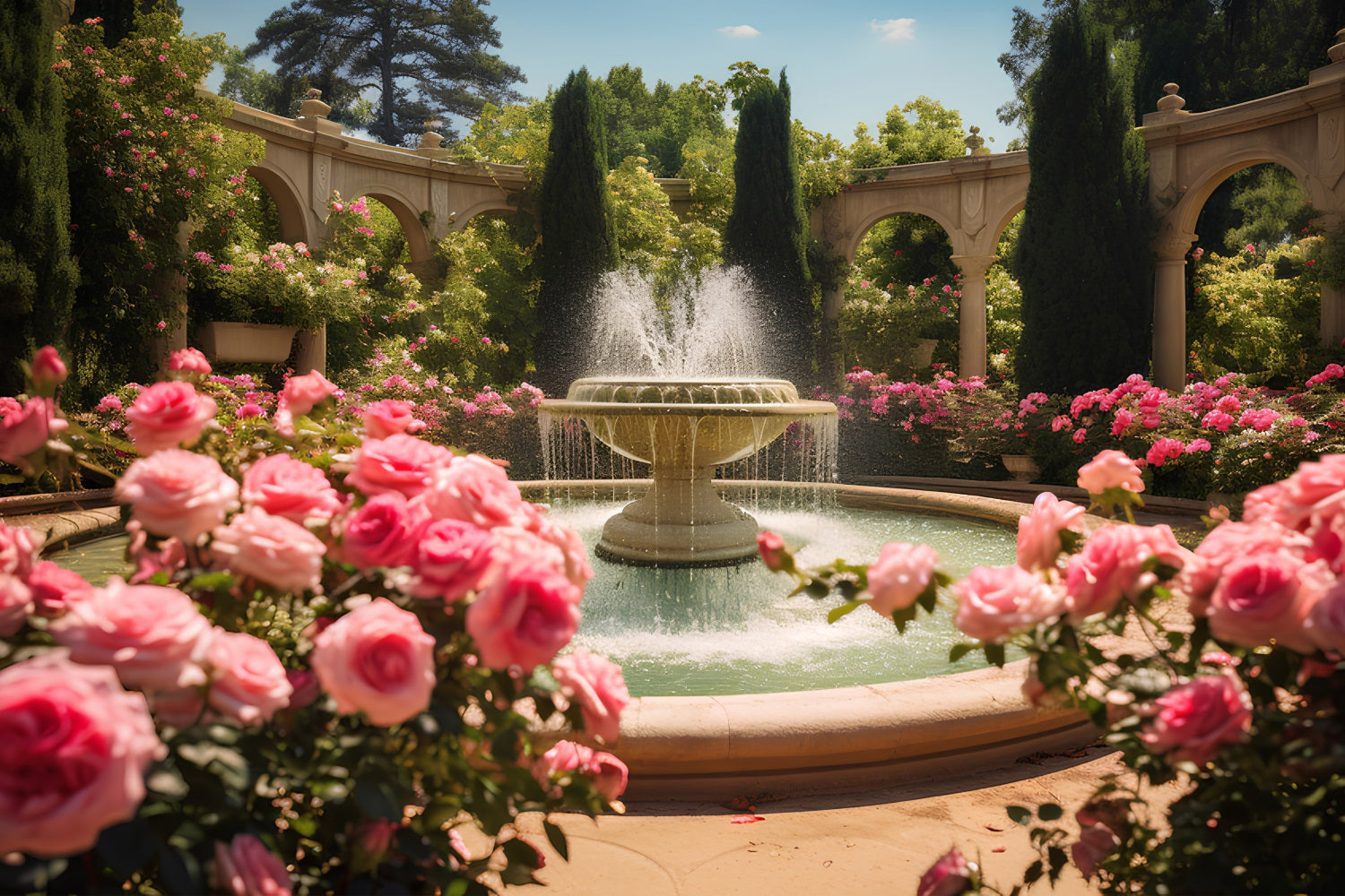 Frühling Fotohintergrund Blühende Rosen Springbrunnen Hintergrund BRP11-528