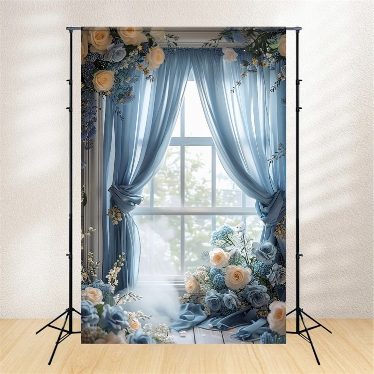 Backdrops für Frühling Blauer Vorhang Fenster Rose Backdrop BRP11-531