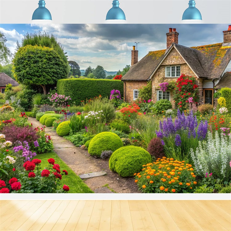 Frühlingsblumen Backdrop Cottage Surrounded Blooming Garden Backdrop BRP11-543