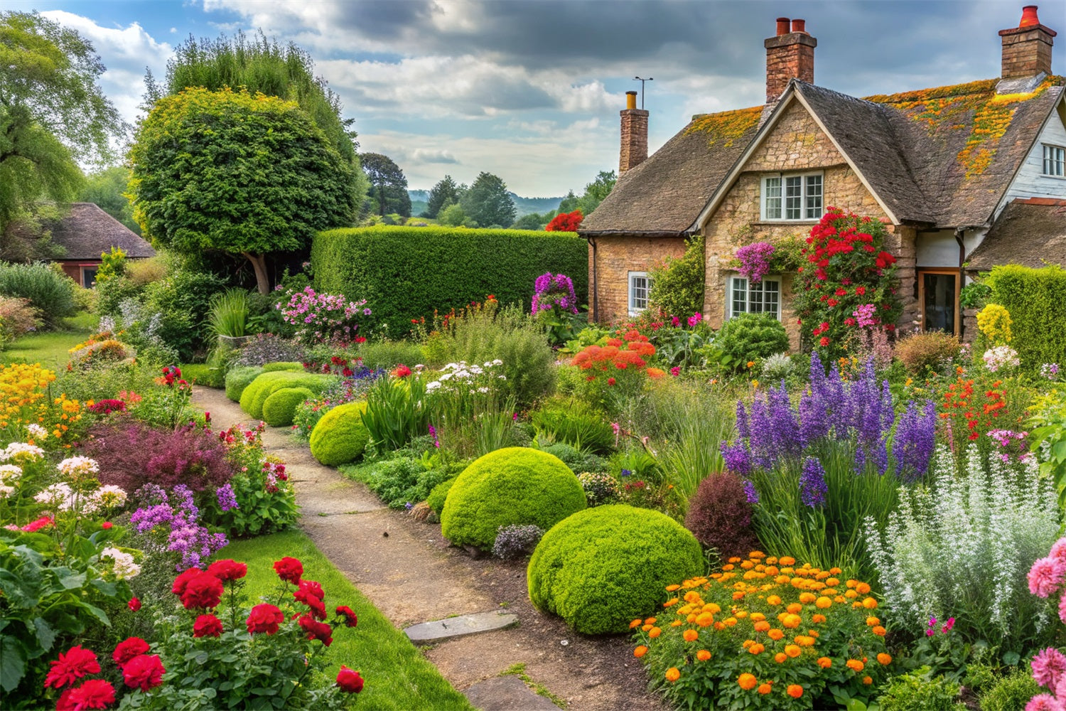 Frühlingsblumen Backdrop Cottage Surrounded Blooming Garden Backdrop BRP11-543