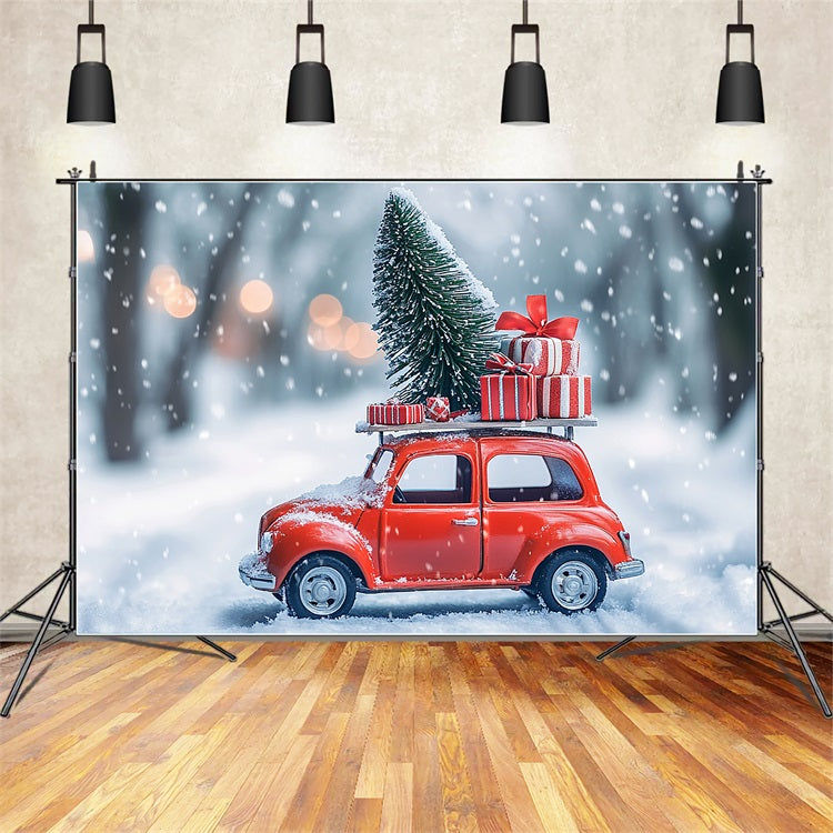 Winter Wonderland Geschenkbeladenes rotes Auto Hintergrund BRP11-56