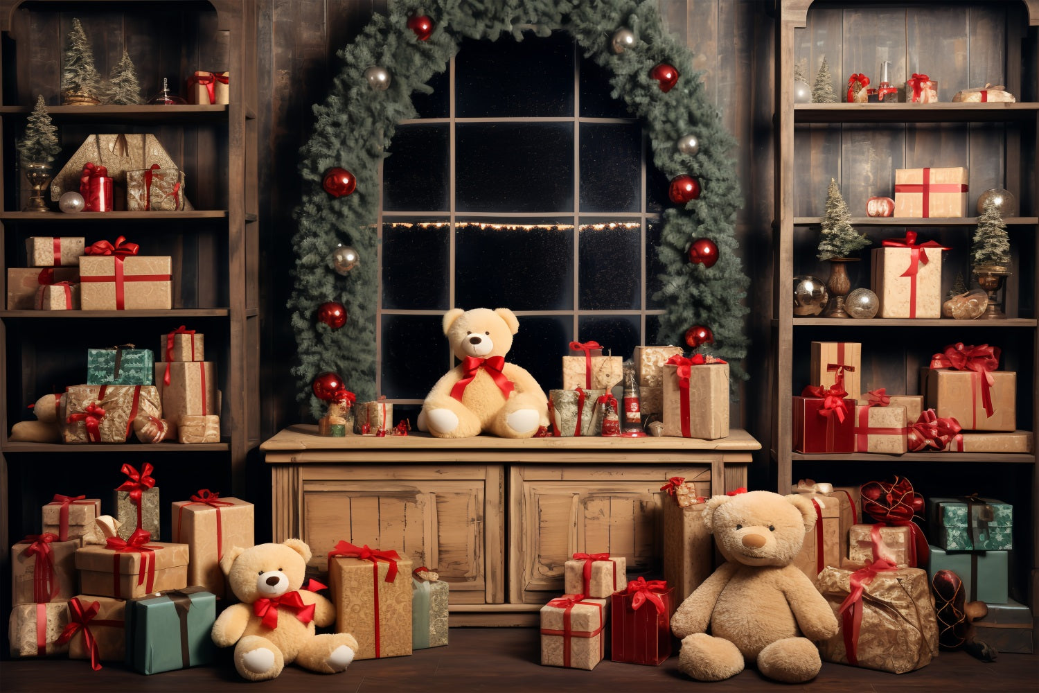 Weihnachtskulisse Santa's Workshop Teddybären Hintergrund BRP11-79