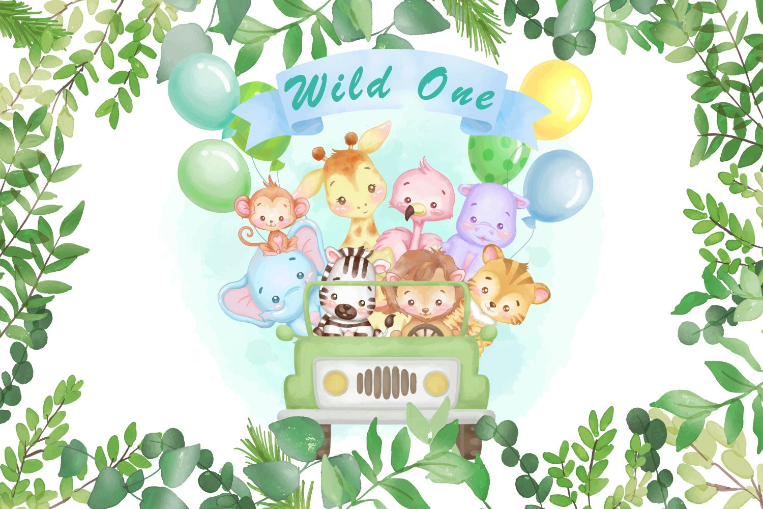 Customized Geburtstag Backdrop Wild One Safari Tiere Ballon Backdrop BRP12-302