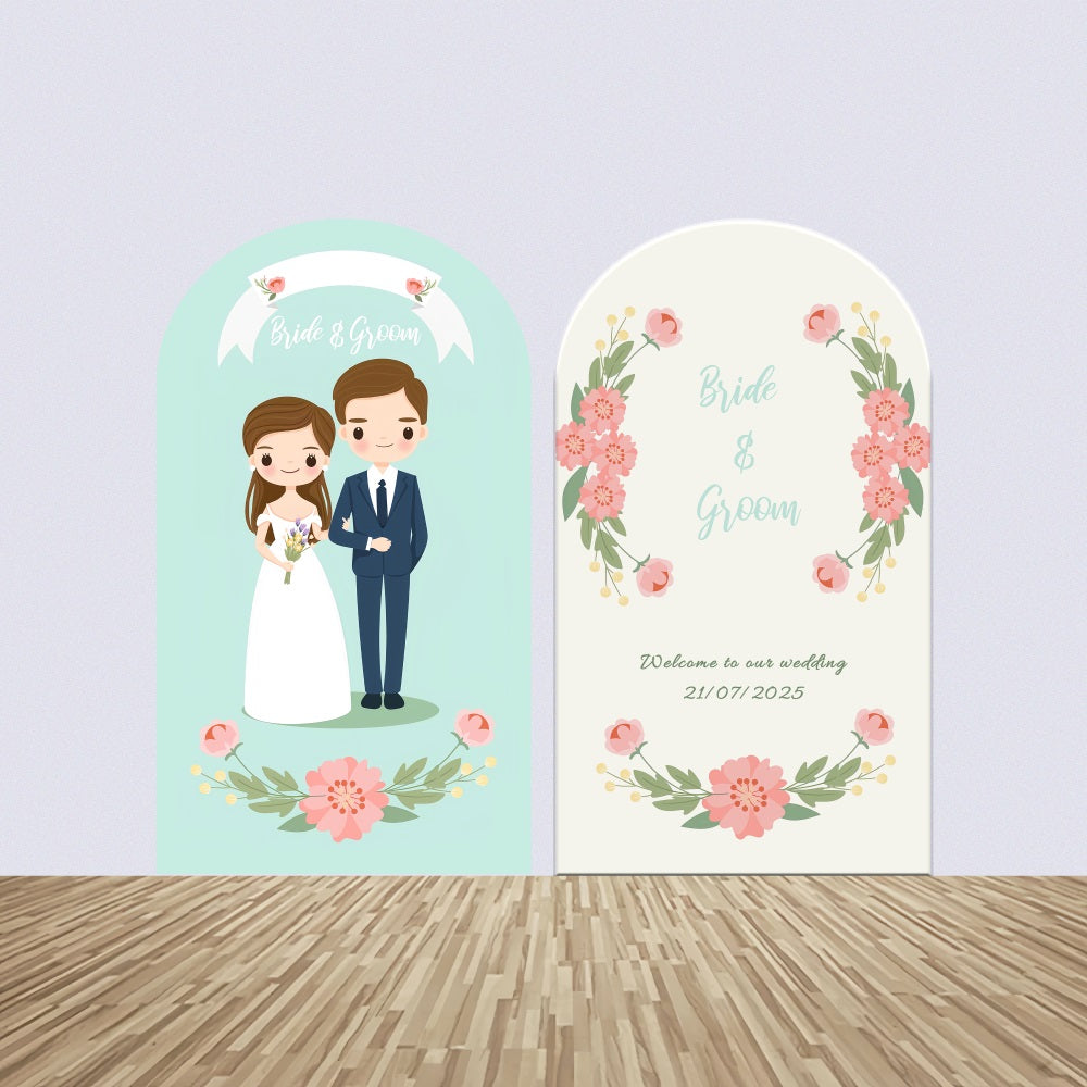 Personalisierte Hochzeit Backdrops Braut Bräutigam Cartoon Style Hintergrund BRP12-324