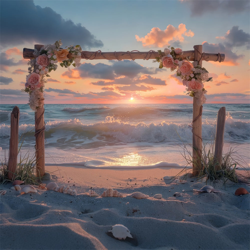 Hochzeitskulisse Fotografie Sonnenuntergang Strand Blumenbogen Kulisse BRP12-381