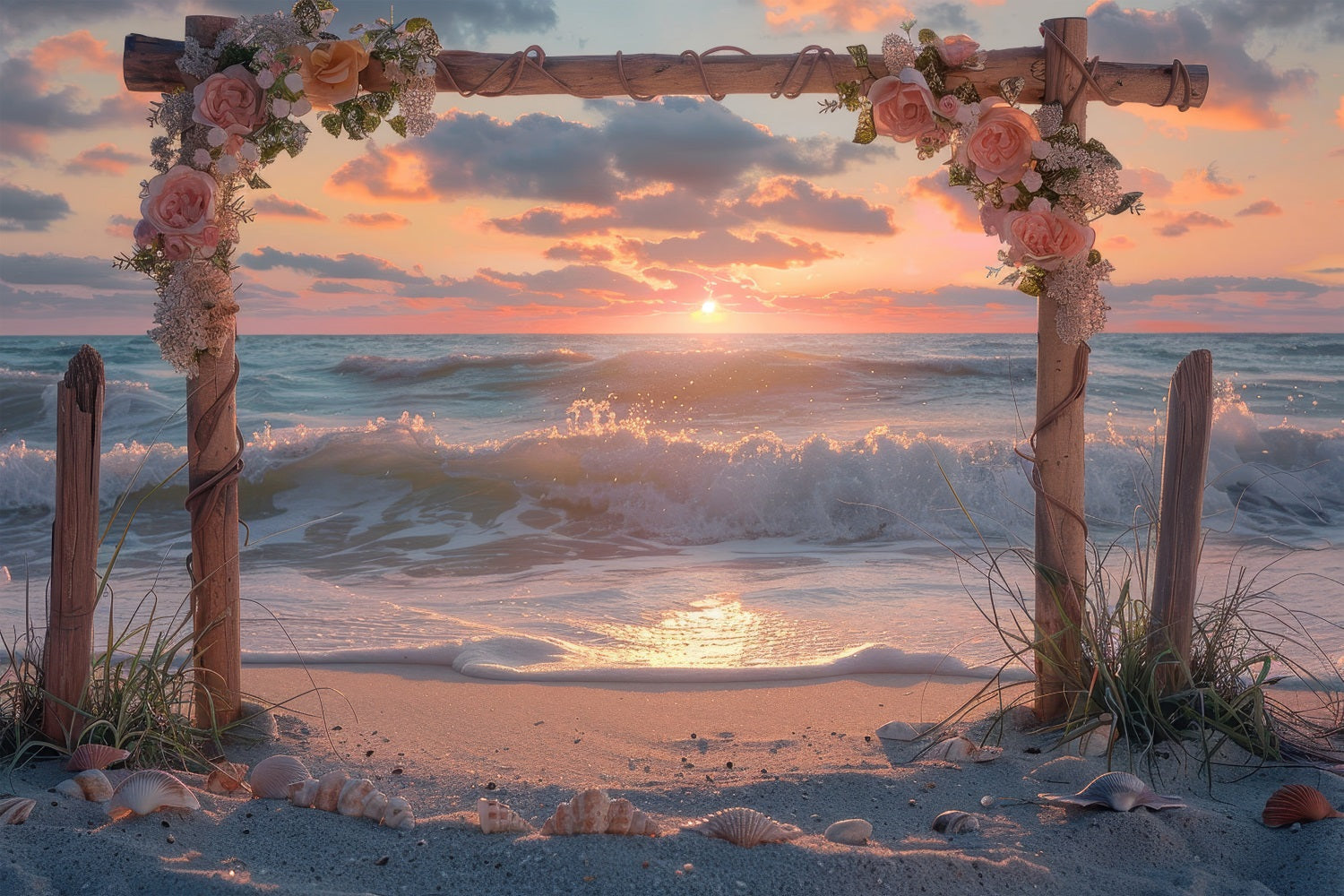 Hochzeitskulisse Fotografie Sonnenuntergang Strand Blumenbogen Kulisse BRP12-381