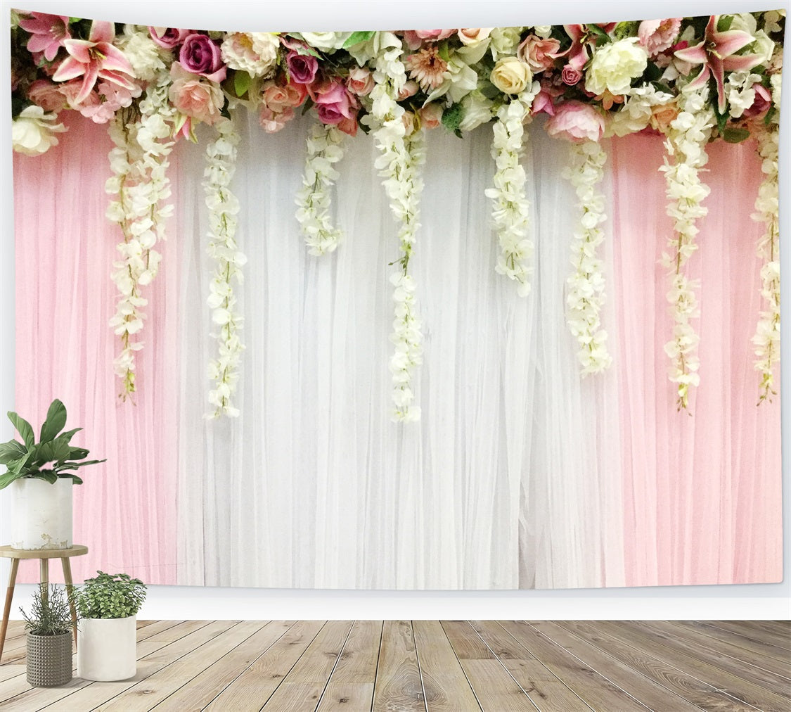 Hochzeit Fotografie Backdrops Rosa Weiß Floral Drapes Fotohintergrund BRP12-383