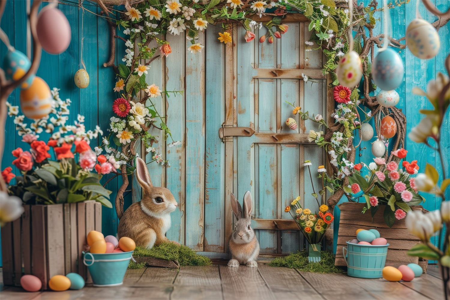 Ostern Thematische Hintergrundkulisse Bunny Garden Rustic Tür Hintergrund BRP12-402