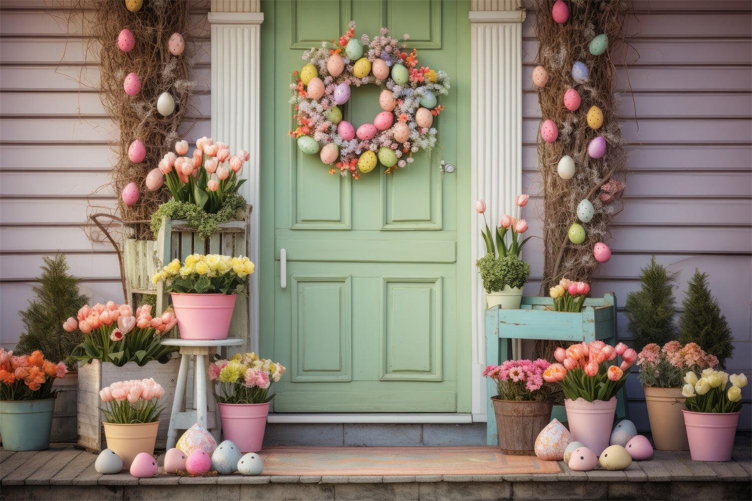 Ostern Hintergrund Ideen Grüne Tür Tulpen Dekor Ostern Hintergrund BRP12-404