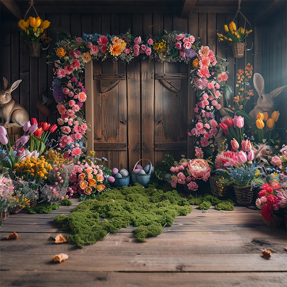 Ostern Fotohintergrund Rustikale Holztür Floral Bunny Ostern Hintergrund BRP12-406