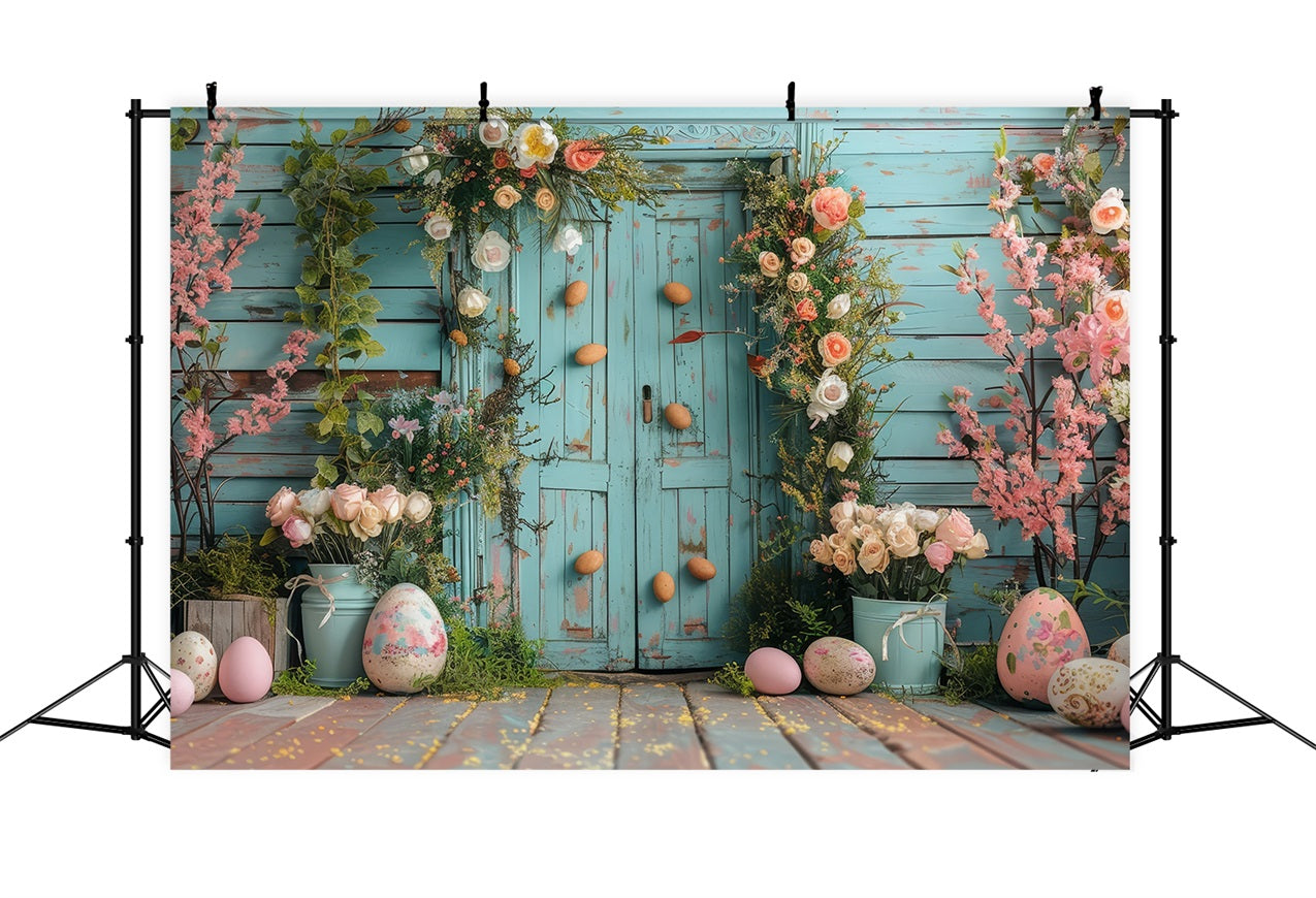 Ostern Backdrop Hellblau Tür Vibrant Floral Ostern Hintergrund BRP12-409