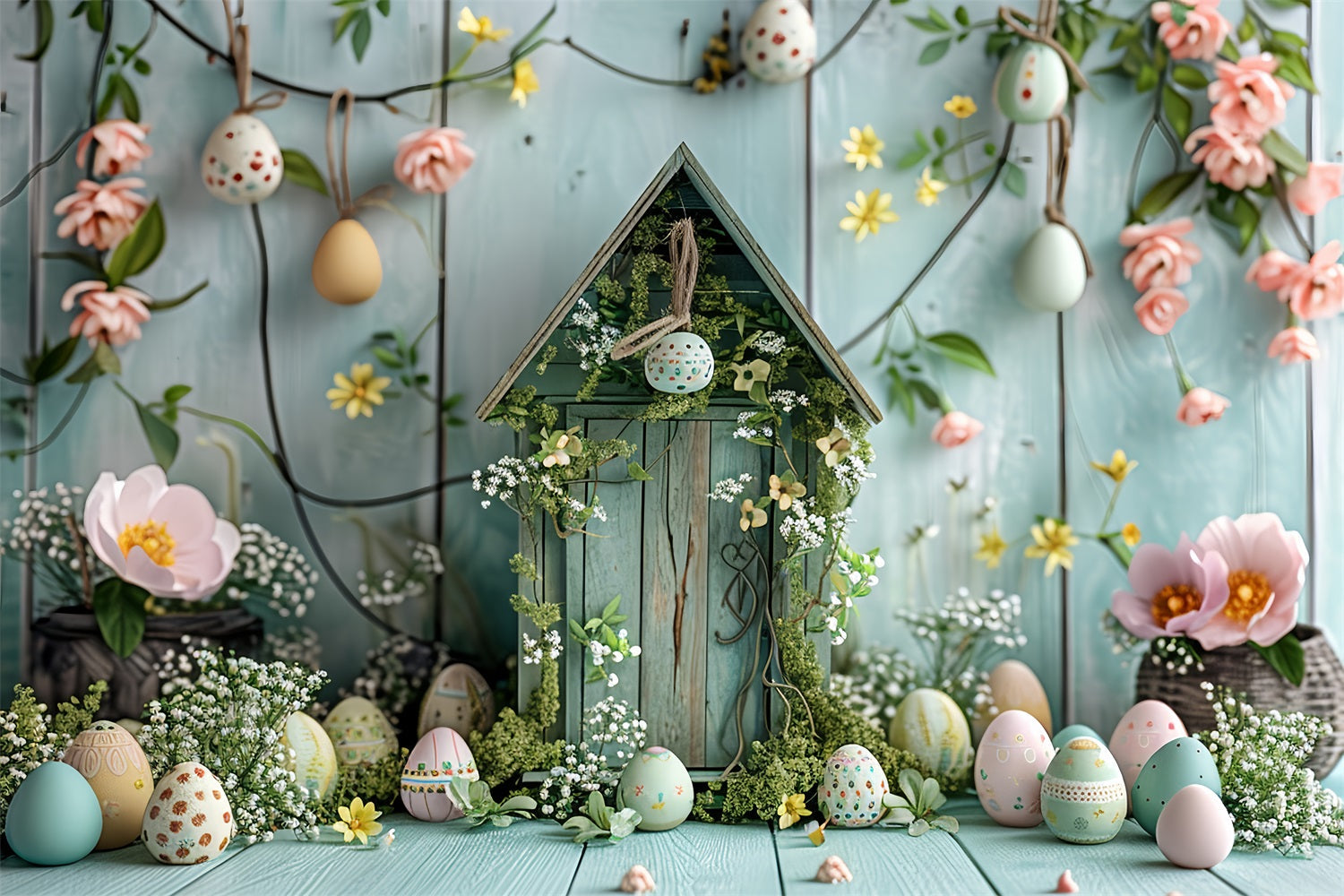 Ostern Fotokulisse Landhaus Pastell Eier und Blumen Kulisse BRP12-412